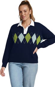 Lands' End Plus Size Drifter Jacquard Rugby with Woven Collar Sweater