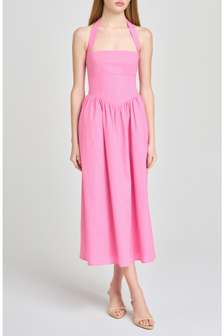 Camellia Halter Neck Stretch Cotton Midi Dress, Main, color, POPPY PINK