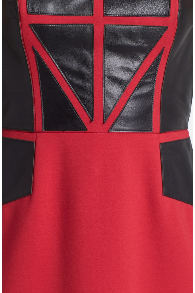 Aidan Mattox Leather Paneled Sheath Dress, Alternate, color, RUBY