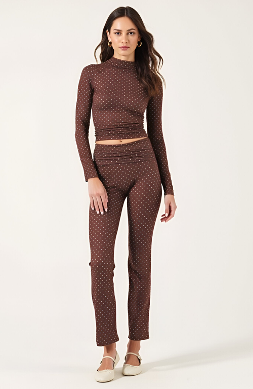 Modenaire Polka Dot Print High Waist Full-length Leggings With Wide Waistband In Brown