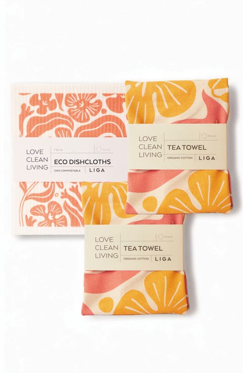 Tea Towels - Flora Set of 2 + Dishcloths Set of 2 - Flora