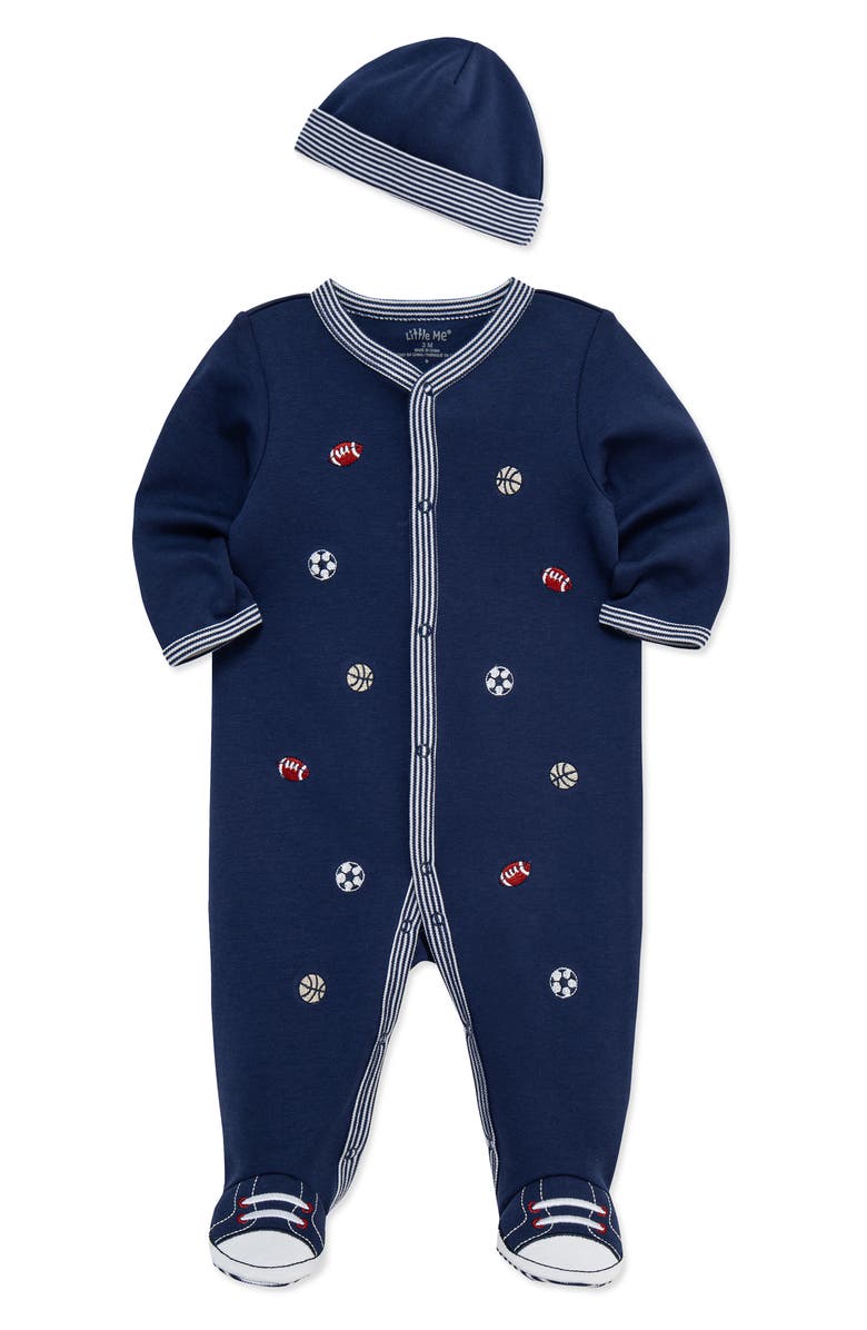 Little Me Sports Cotton Footie & Hat Set, Alternate, color, Blue