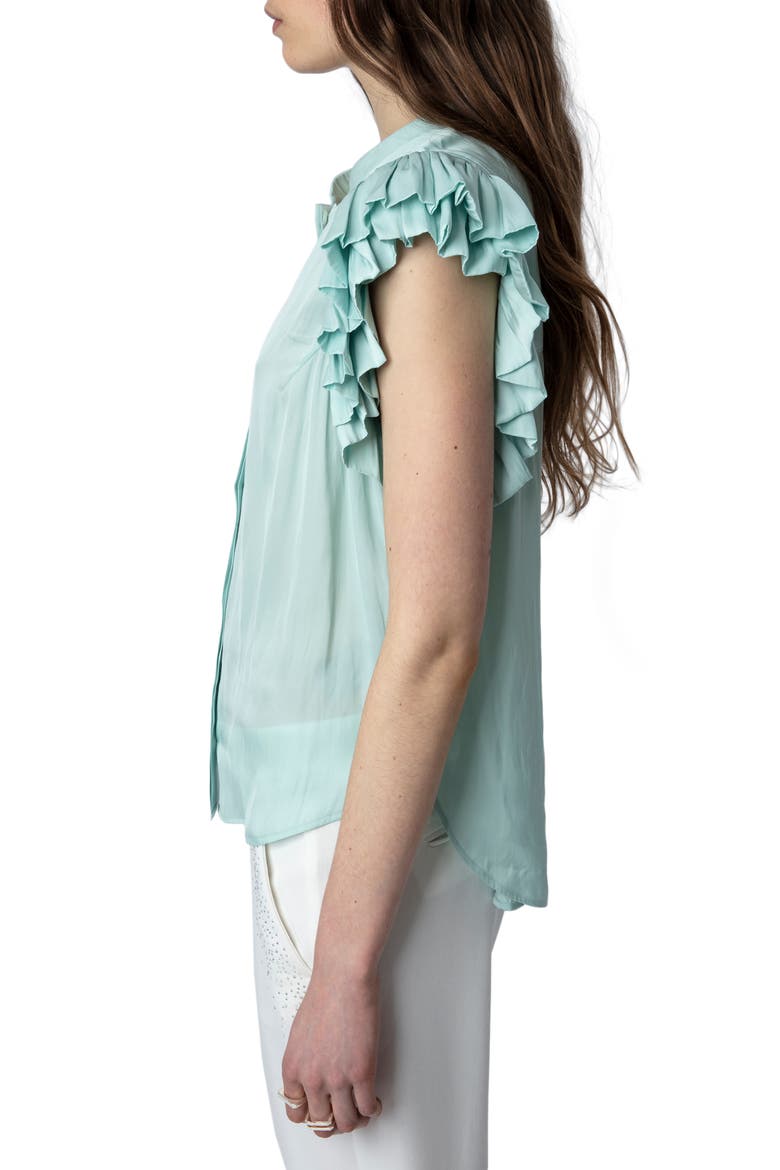 Tiza Ruffle Satin Button-Up Blouse, Alternate, color, CELADON