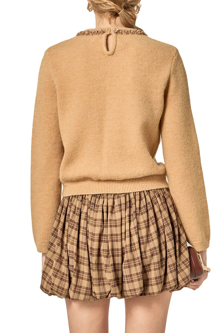 Floral Bow Trim Sweater, Alternate, color, BROWN