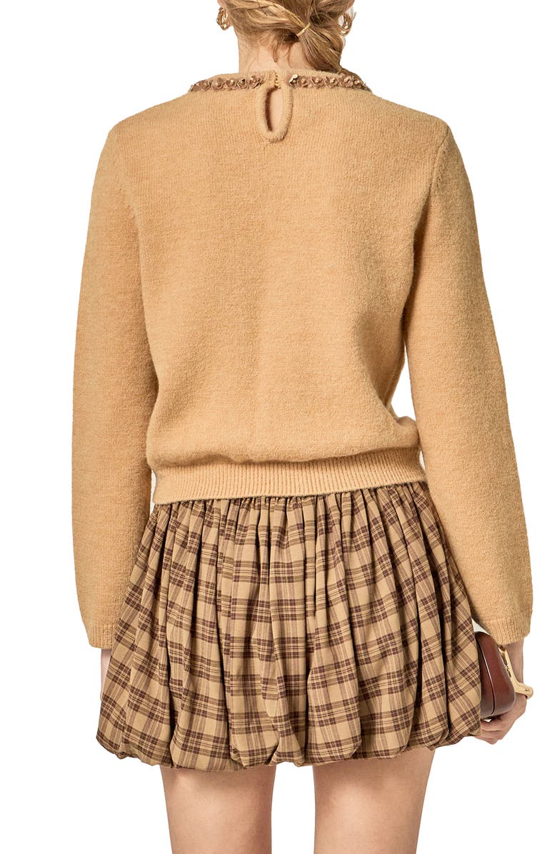 English Factory Floral Bow Trim Sweater, Alternate, color, Brown