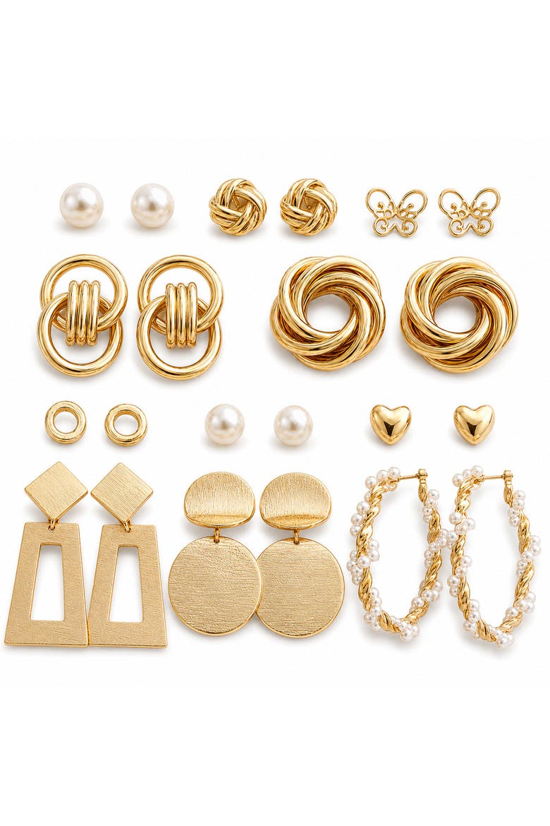 11-Pair 14K Gold-Plated Geometric and Pearl-Look Earring Set, Alternate, color, Gold/Pearl