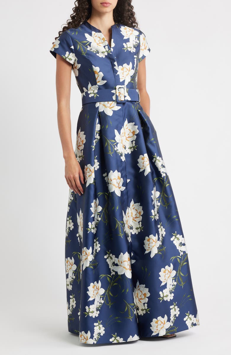 Sachin & Babi Marta Floral Belted Gown, Main, color, Navy Narcissus