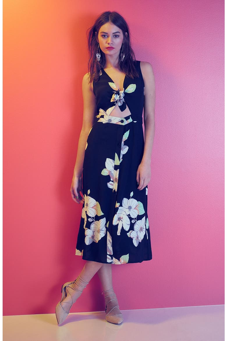 Floral Tie Front Midi Dress, Alternate, color, BLACK CHINOSRIE
