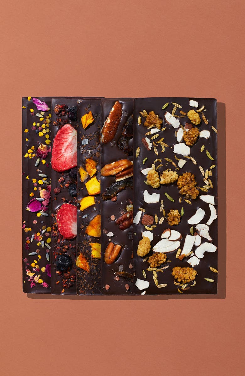 Spring & Mulberry Embellished Holiday Collection Date Sweetened Dark Chocolate Bars 5-Piece Gift Box, Alternate, color, Red