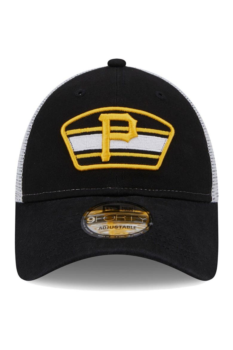 Men's New Era Black/White Pittsburgh Pirates Logo Patch 9FORTY Trucker Snapback Hat, Alternate, color, Black