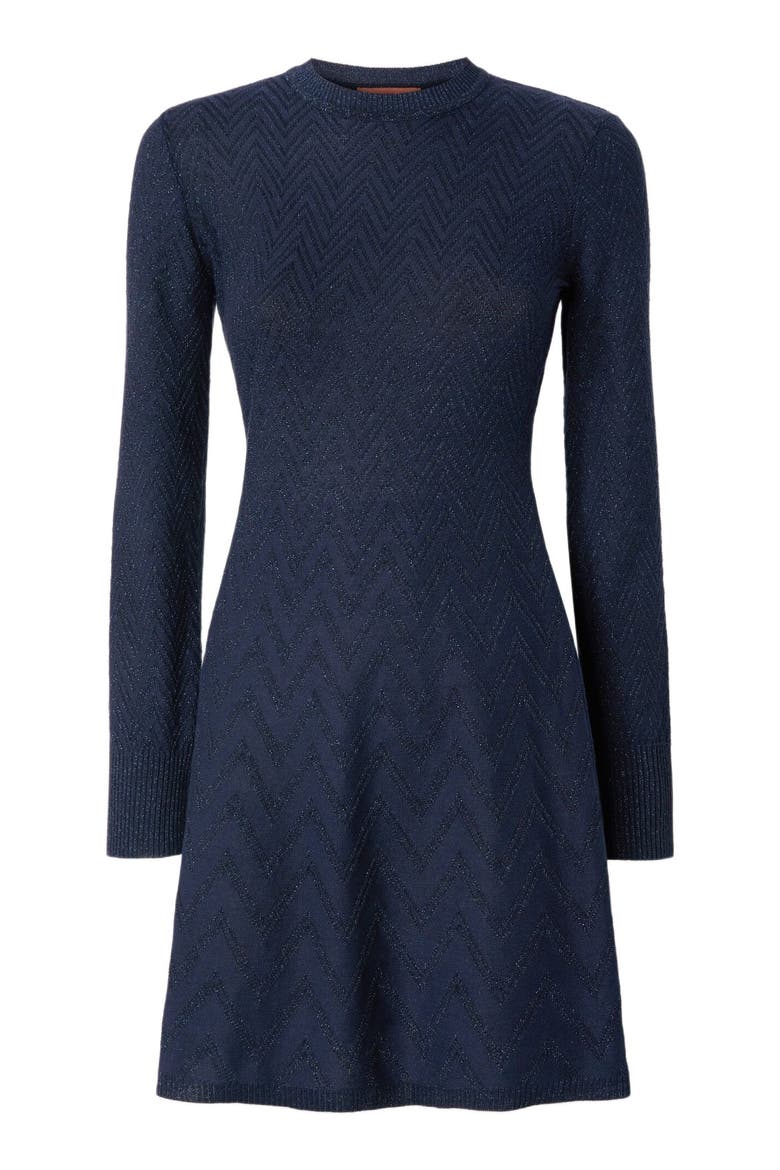 Women's Short Flared Dress With Long Sleeves And Jacquard Detailing, Alternate, color, Blue
