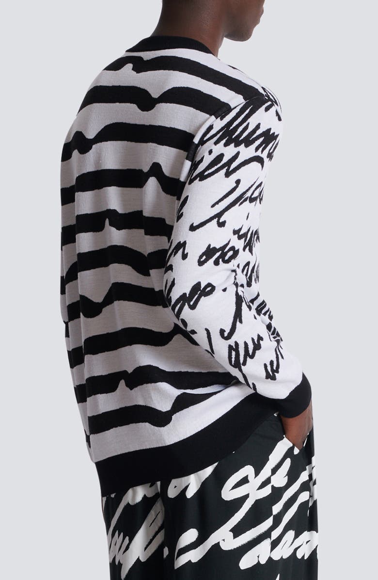 Balmain Love Letter Marinière Stripe Merino Wool Sweater, Alternate, color, White/ Black