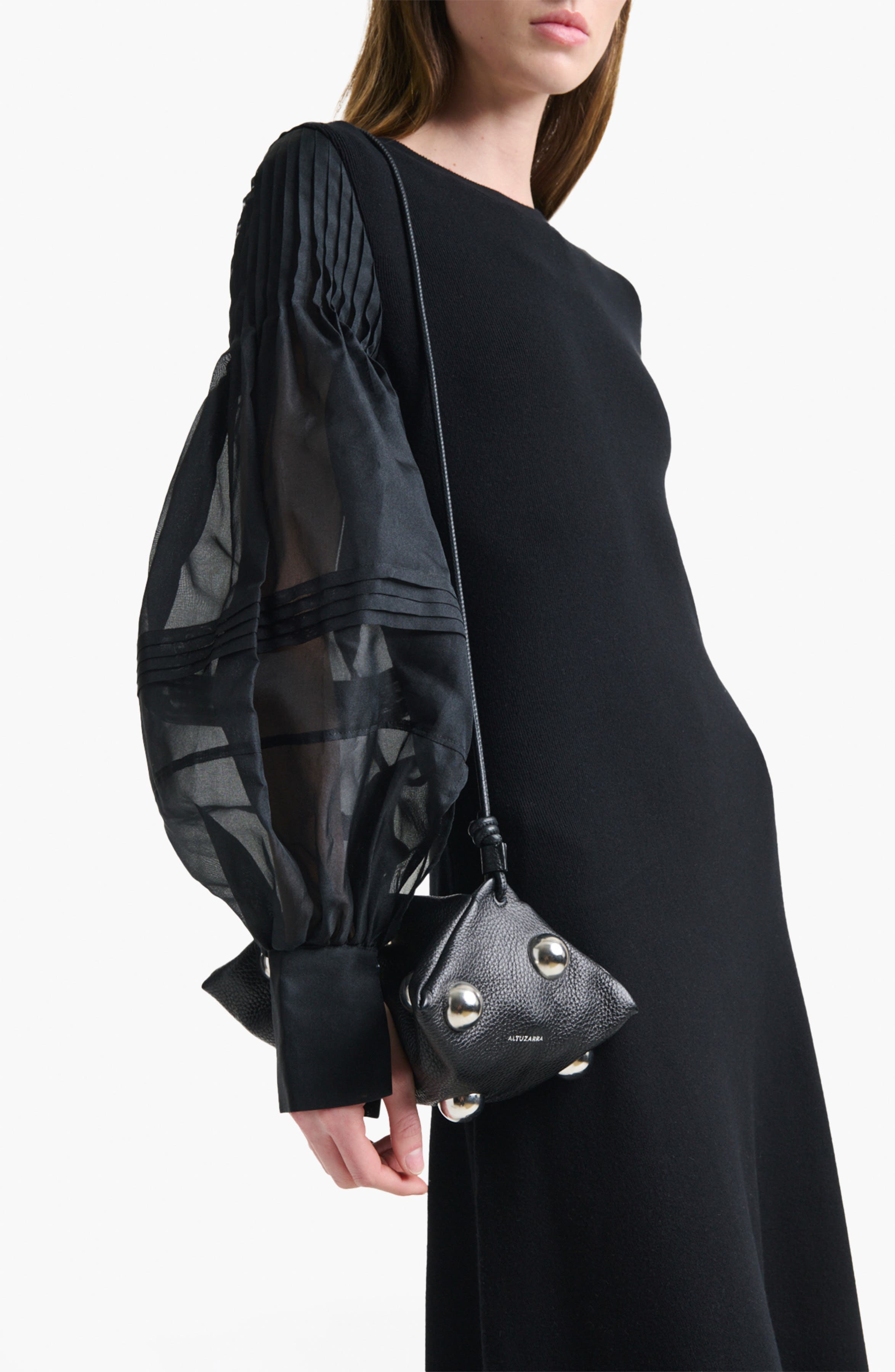 Altuzarra Mini Origami Studded Leather Crossbody Bag, Alternate, color, Black/ Silver