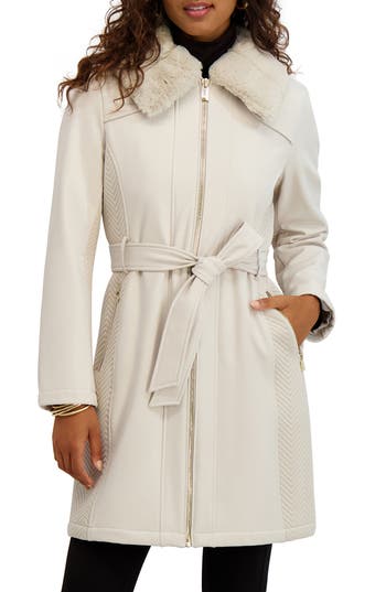 Kensie Faux Fur Collar Water Resistant Belted Softshell Jacket In Neutral