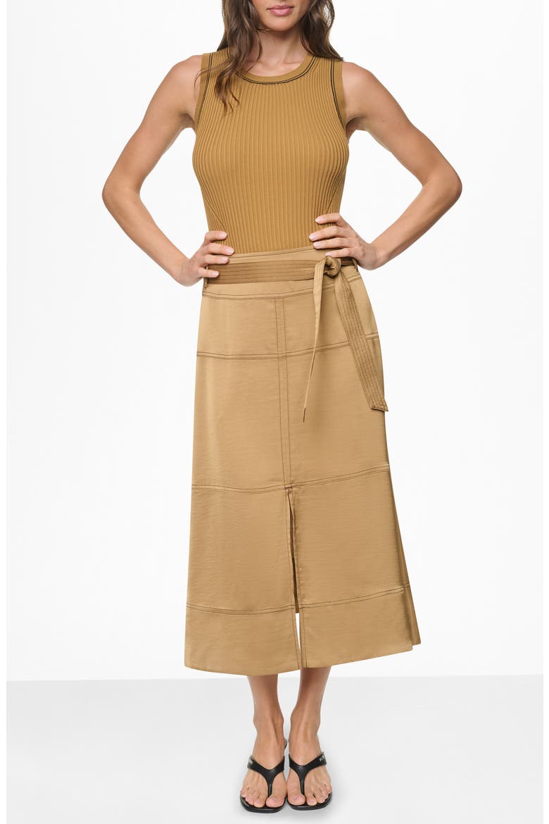 Tie Waist Contrast Stitch Midi Skirt, Alternate, color, DUNE