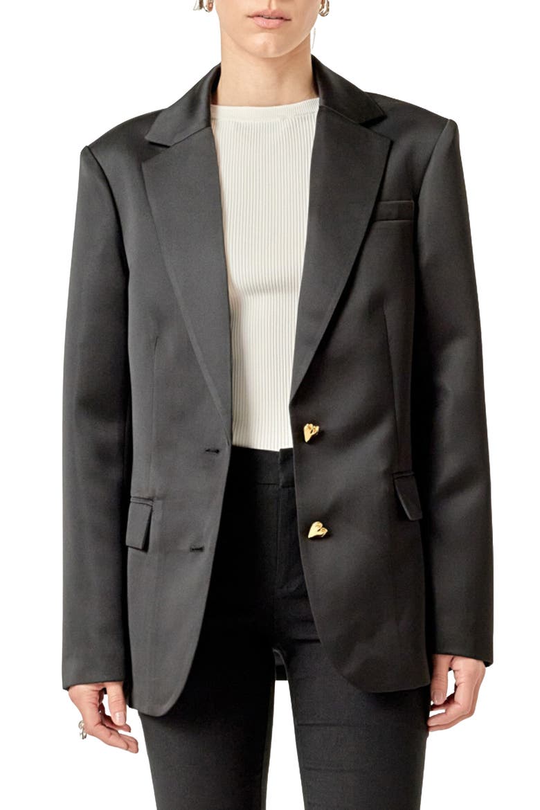 Heart Detailed Satin Blazer, Main, color, BLACK