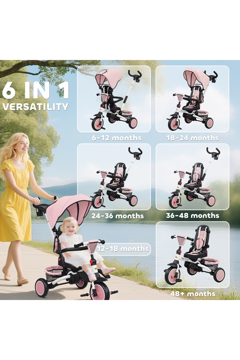 Kids Tricycle with Adjustable Push Handle and Removable Canopy, Alternate, color, Pink