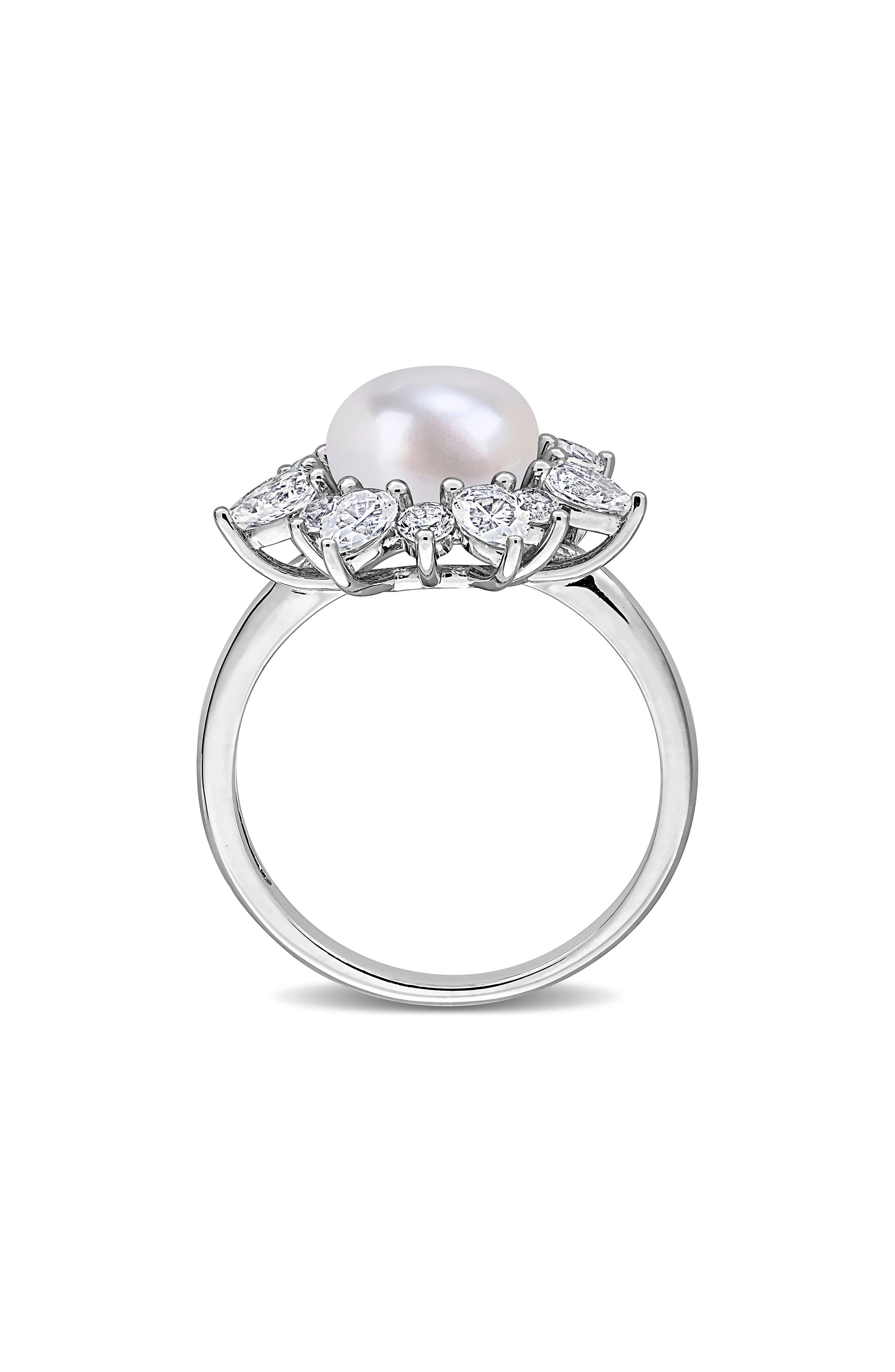 DELMAR Cultured White Pearl & Lab Grown Sapphire Halo Ring (Women ...