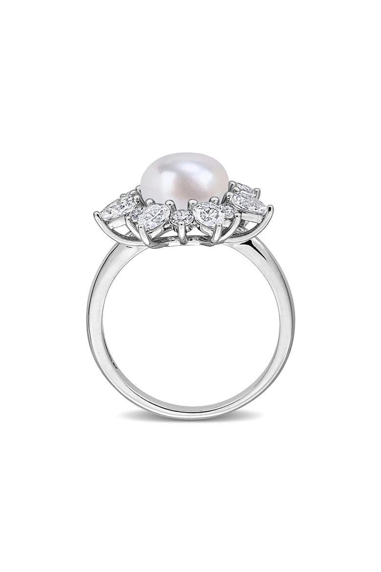 Cultured White Pearl & Lab Grown Sapphire Halo Ring, Alternate, color, WHITE GOLD