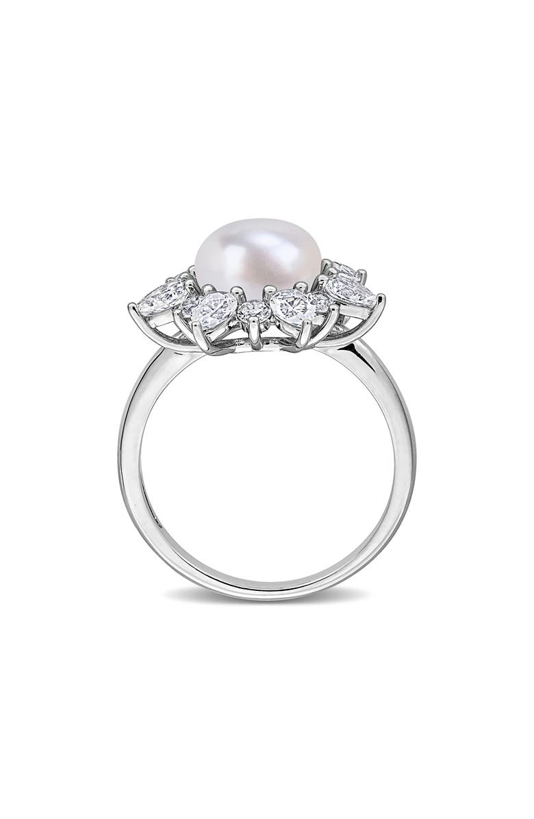 DELMAR Cultured White Pearl & Lab Grown Sapphire Halo Ring, Alternate, color, 