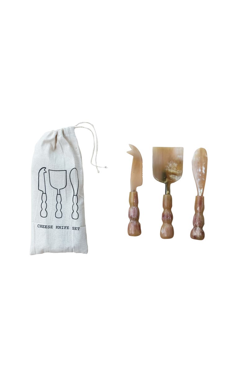 Storied Home Elegance Horn Cheese Servers on a Drawstring Bag, Citron and Plum Color, Set of 3, Main, color, Natural