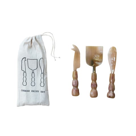 Elegance Horn Cheese Servers on a Drawstring Bag, Citron and Plum Color, Set of 3