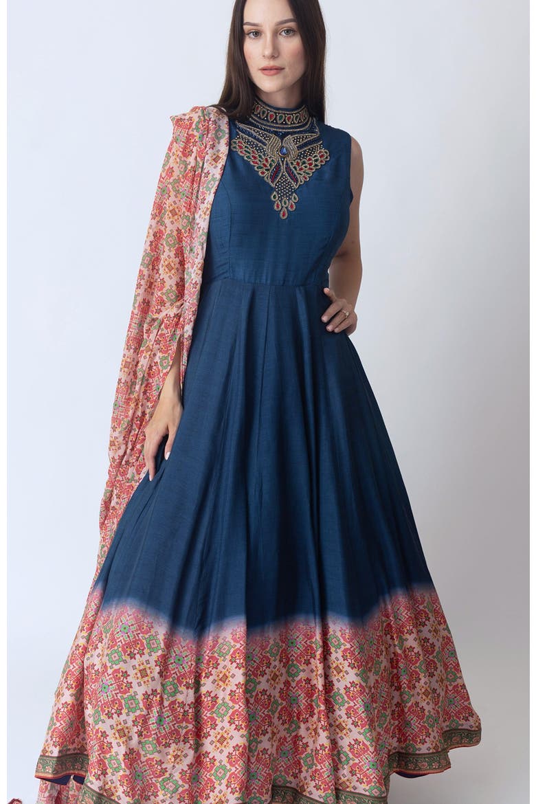 Myka Embroidered High Neck Gown, Alternate, color, Blue