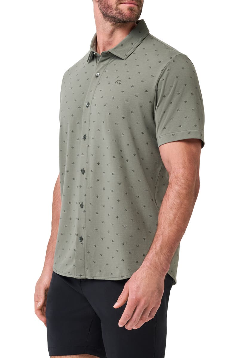 TravisMathew Comfortknit Geo Short Sleeve Button-Up Shirt, Alternate, color, Dark Olive