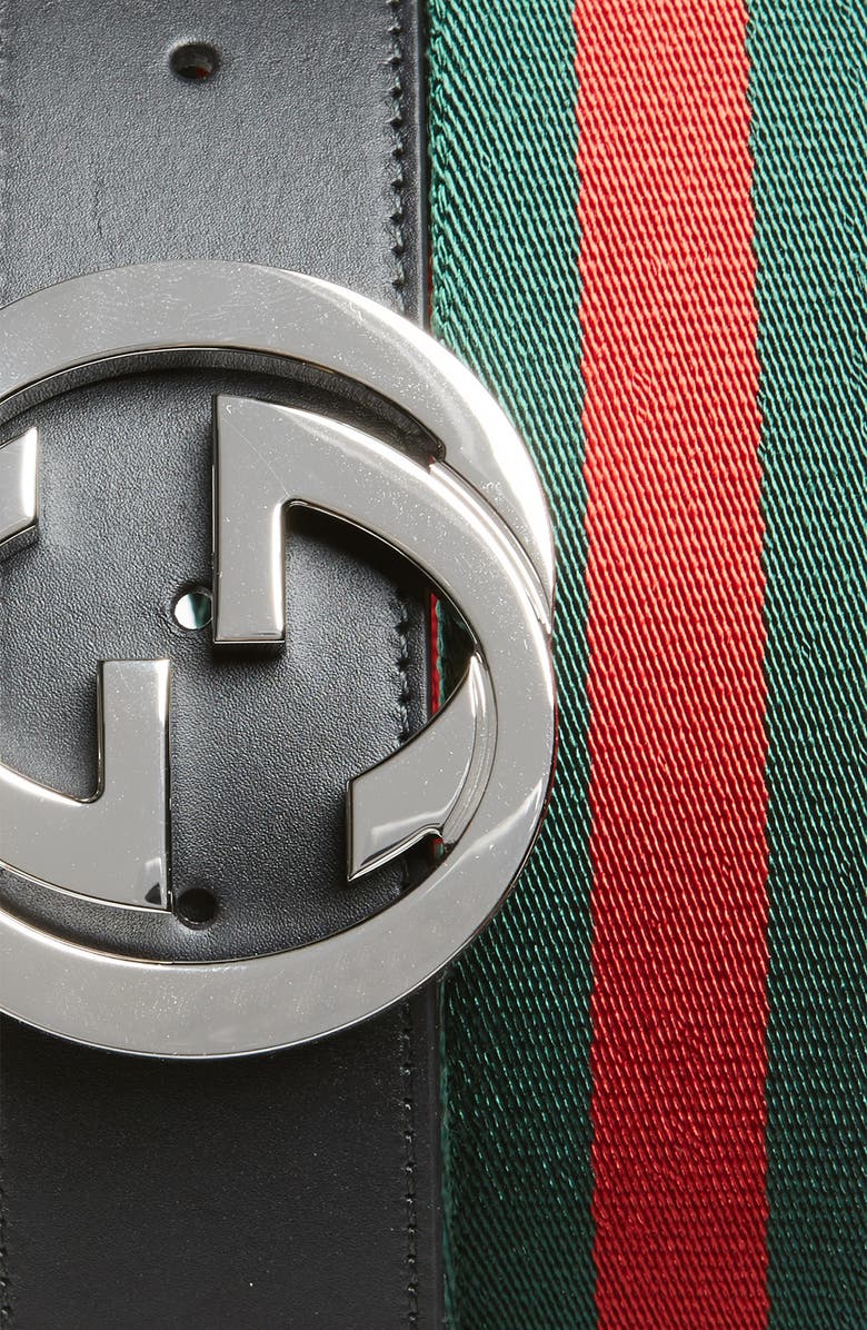 Gucci Interlocking G Logo Stripe Web & Leather Belt, Alternate, color, 