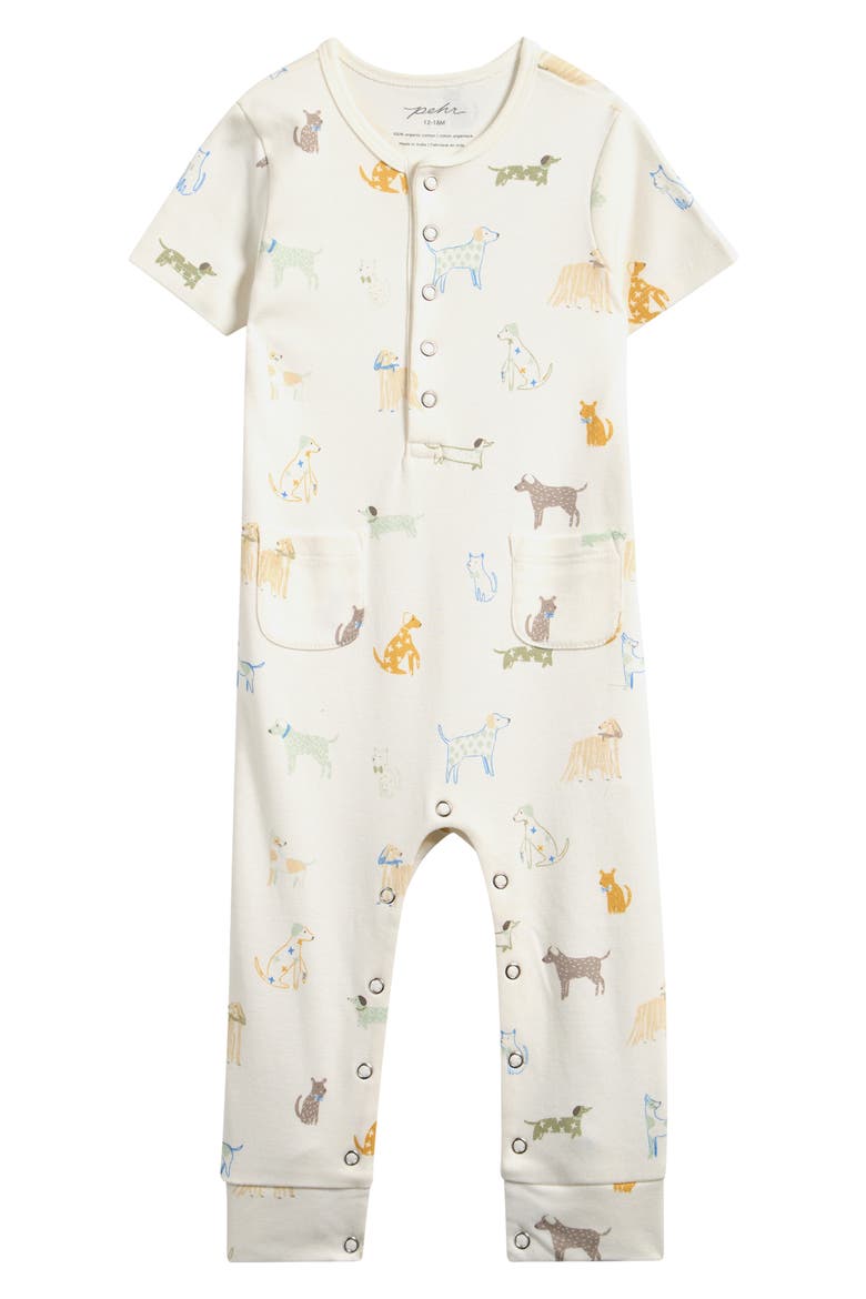 Critter Print Organic Cotton Henley Romper, Main, color, DOG DAYS