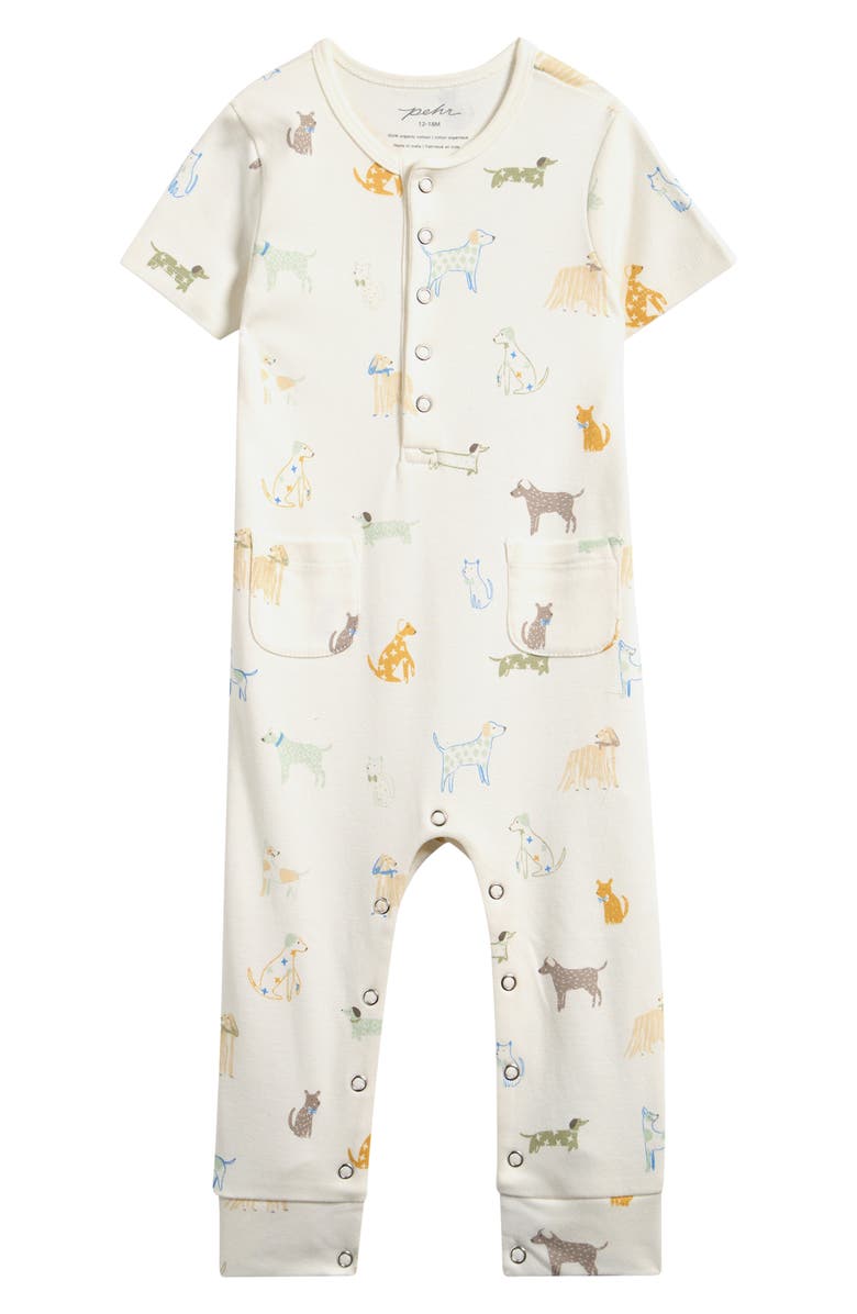 Pehr Critter Print Organic Cotton Henley Romper, Main, color, Dog Days