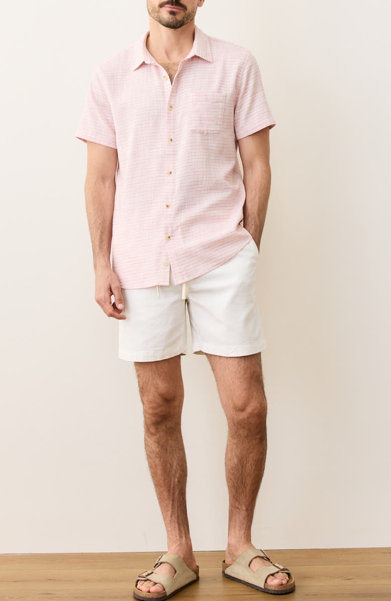Marine Layer Classic Stripe Short Sleeve Stretch Cotton Selvage Button-Up Shirt, Alternate, color, Pink Mini Stripe