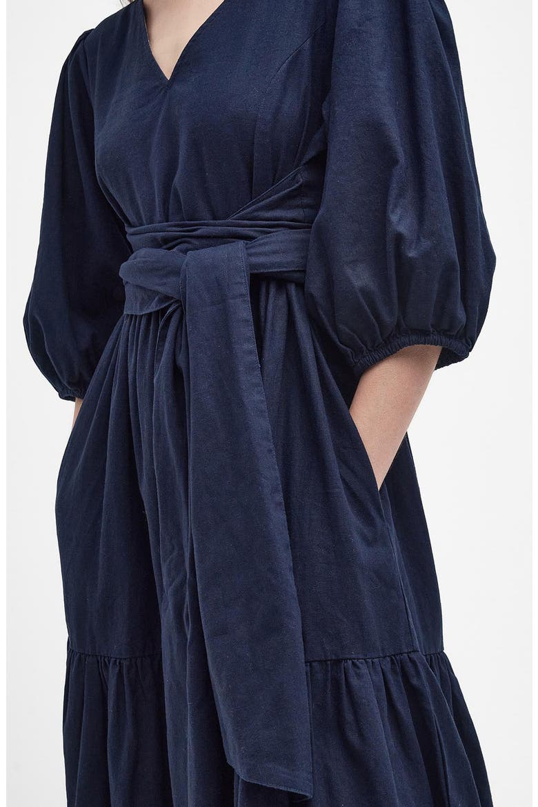 Annie Puff Sleeve Linen & Cotton Midi Dress, Alternate, color, NAVY