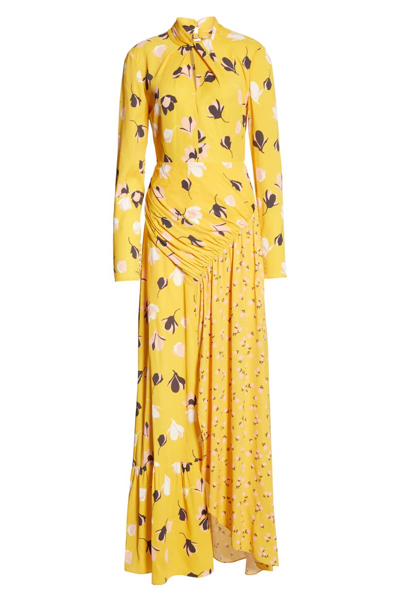 Floral Print Twist Neck Long Sleeve Maxi Dress, Alternate, color, YELLOW