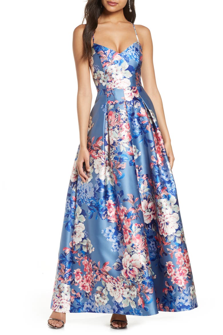 Floral Print Mikado Ballgown, Main, color, BLUE