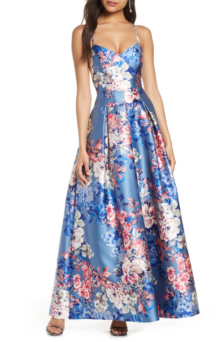 Eliza J Floral Print Mikado Ballgown, Main, color, 