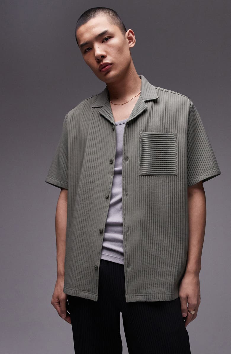 Topman Ottoman Knit Camp Shirt, Main, color, Khaki