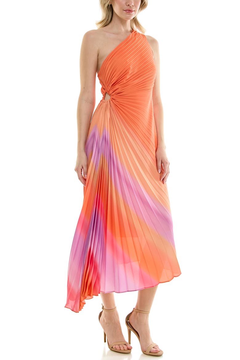 One-Shoulder Pleat Midi Dress, Alternate, color, SUMMER CITRUS