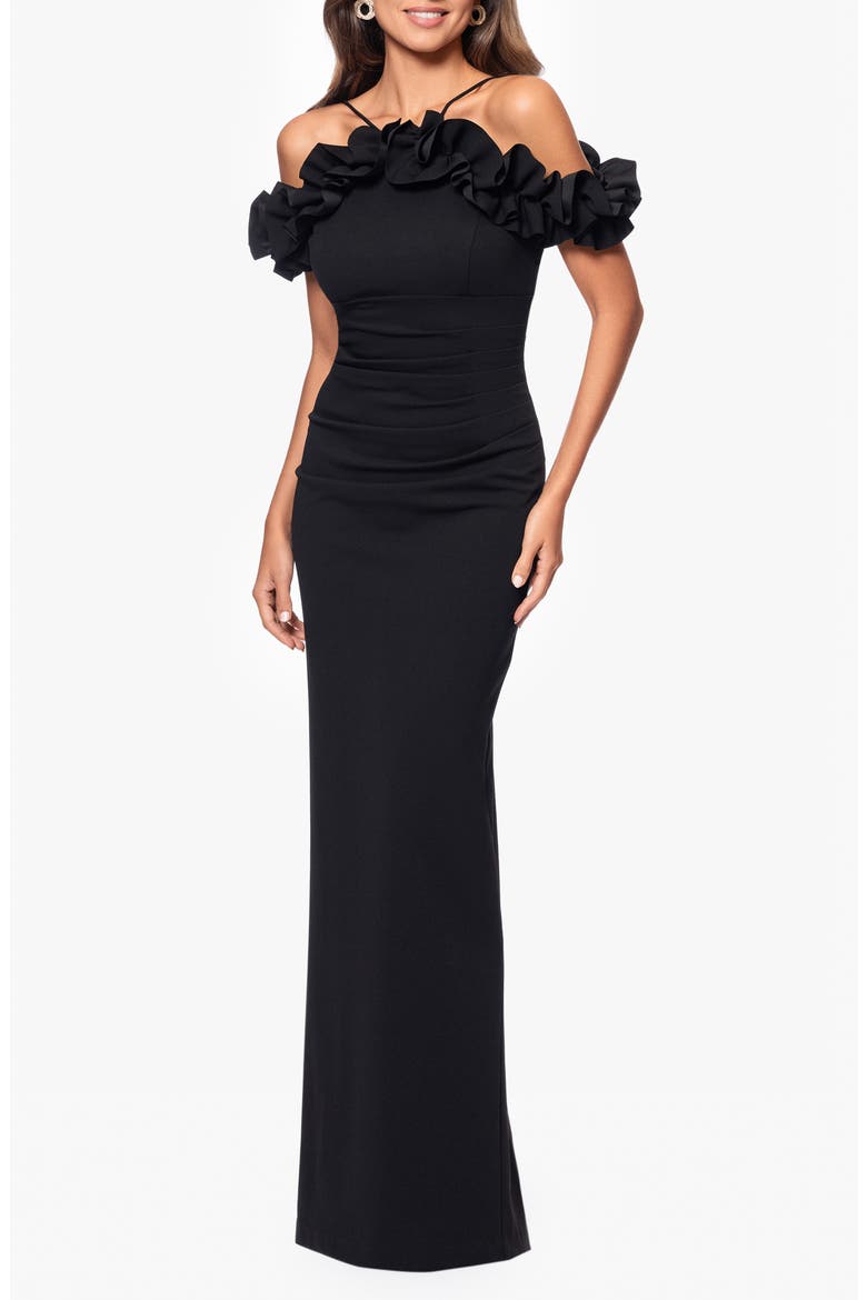 Ruffle Detail Crepw Body-Con Gown, Alternate, color, BLACK