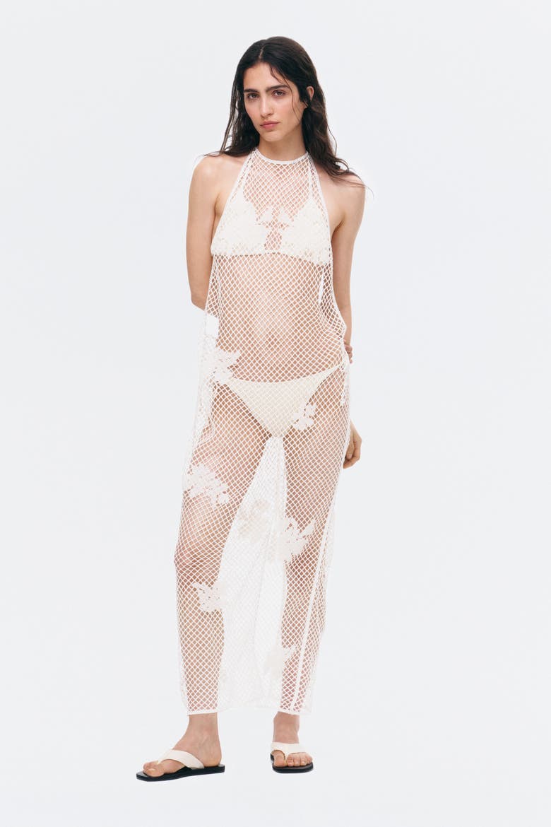Beaded Crochet-look Halterneck Dress, Main, color, Cream