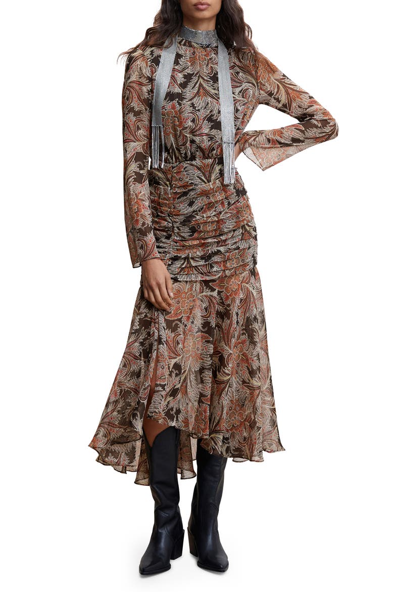 Paisley Print Ruffle Dress, Main, color, BROWN/BLACK