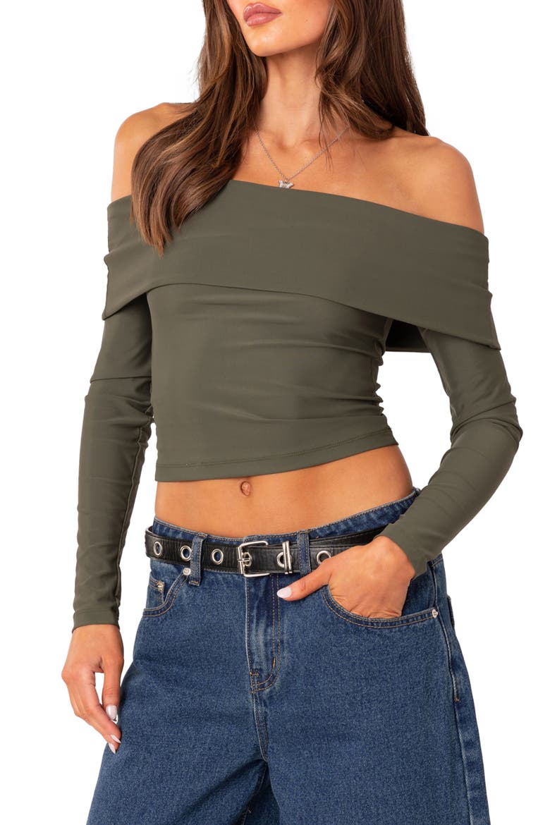 Brea Foldover Off the Shoulder Long Sleeve Crop Top, Main, color, OLIVE