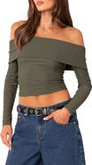 EDIKTED Brea Foldover Off the Shoulder Long Sleeve Crop Top