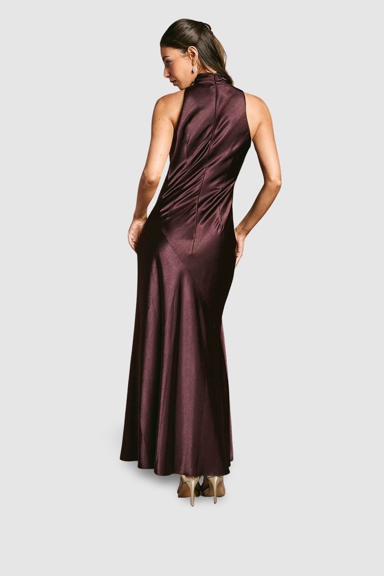 Satin High Neck Fishtail Maxi Dress, Alternate, color, Espresso