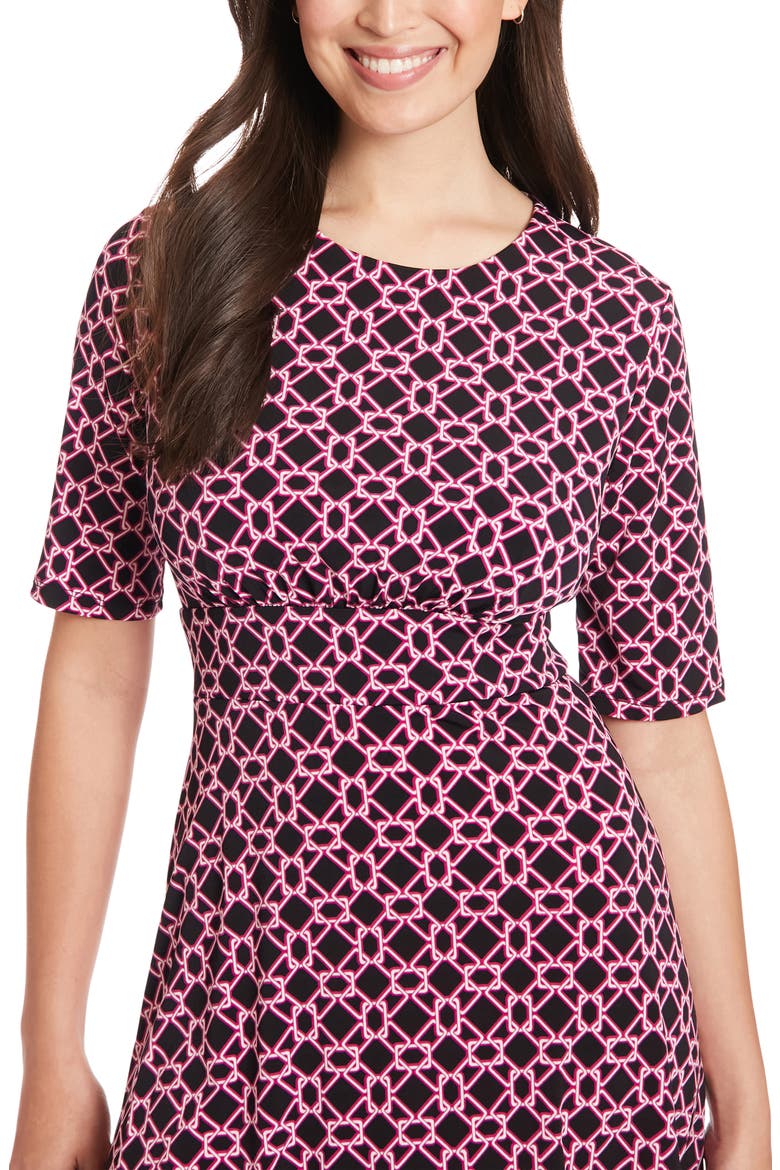 Geo Print Elbow Sleeve Fit & Flare Dress, Alternate, color, BLACK/ PINK