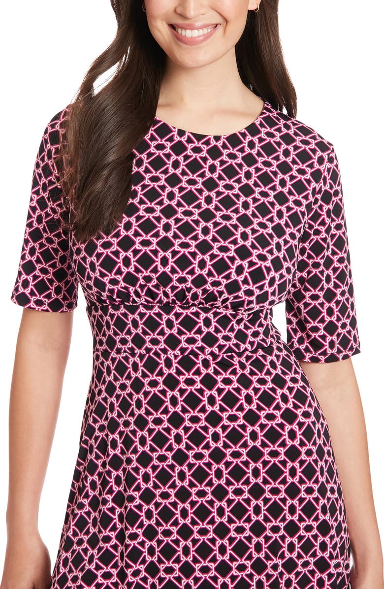 London Times Geo Print Elbow Sleeve Fit & Flare Dress, Alternate, color, Black/Pink