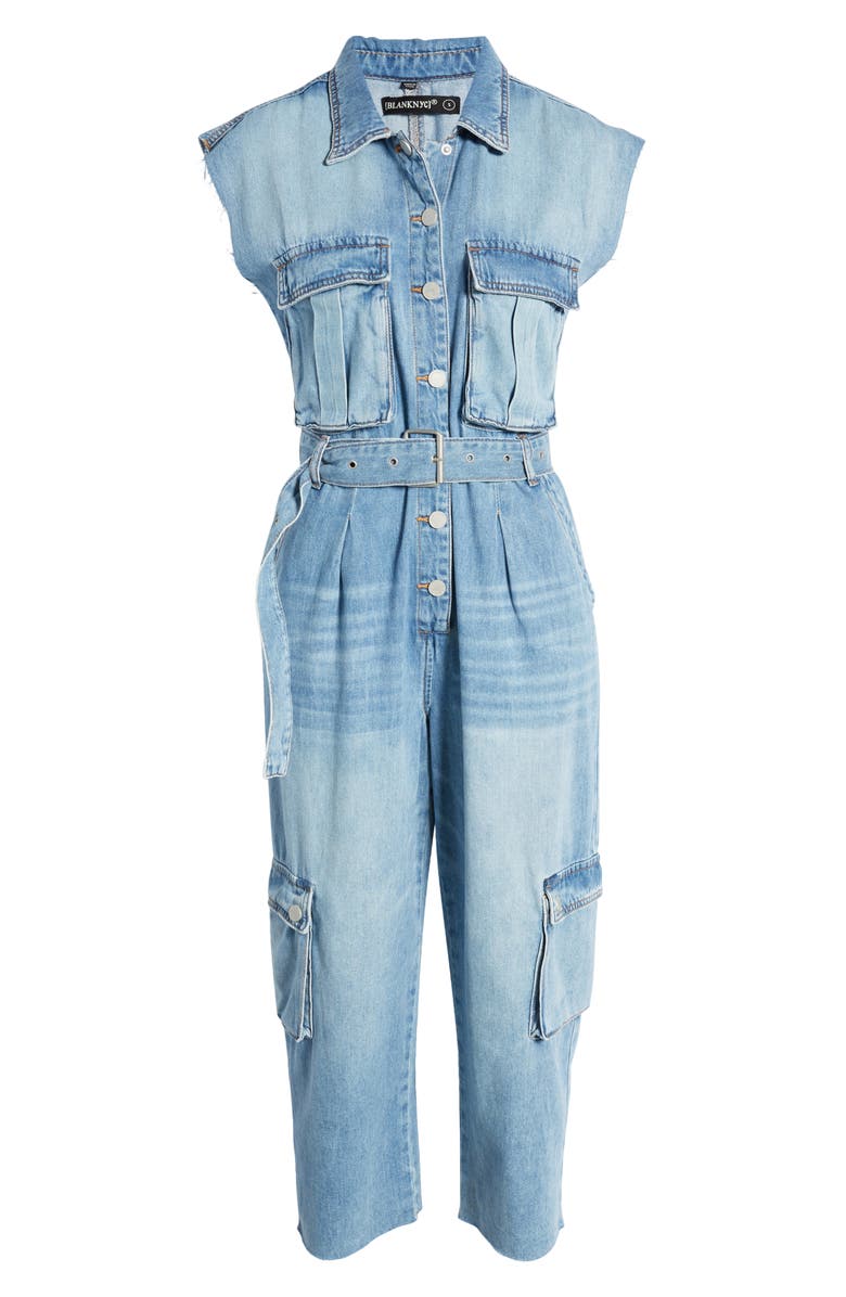 BLANKNYC Sleeveless Denim Cargo Jumpsuit, Alternate, color, 