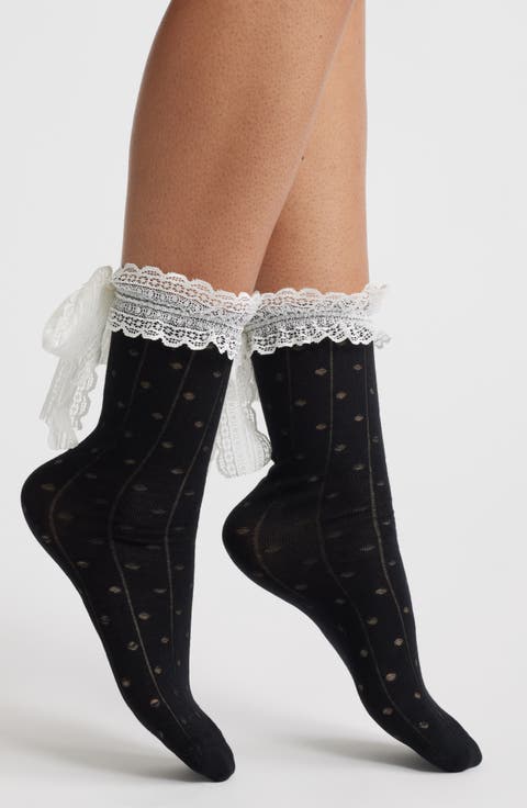 Lace Trim Cotton Blend Crew Socks