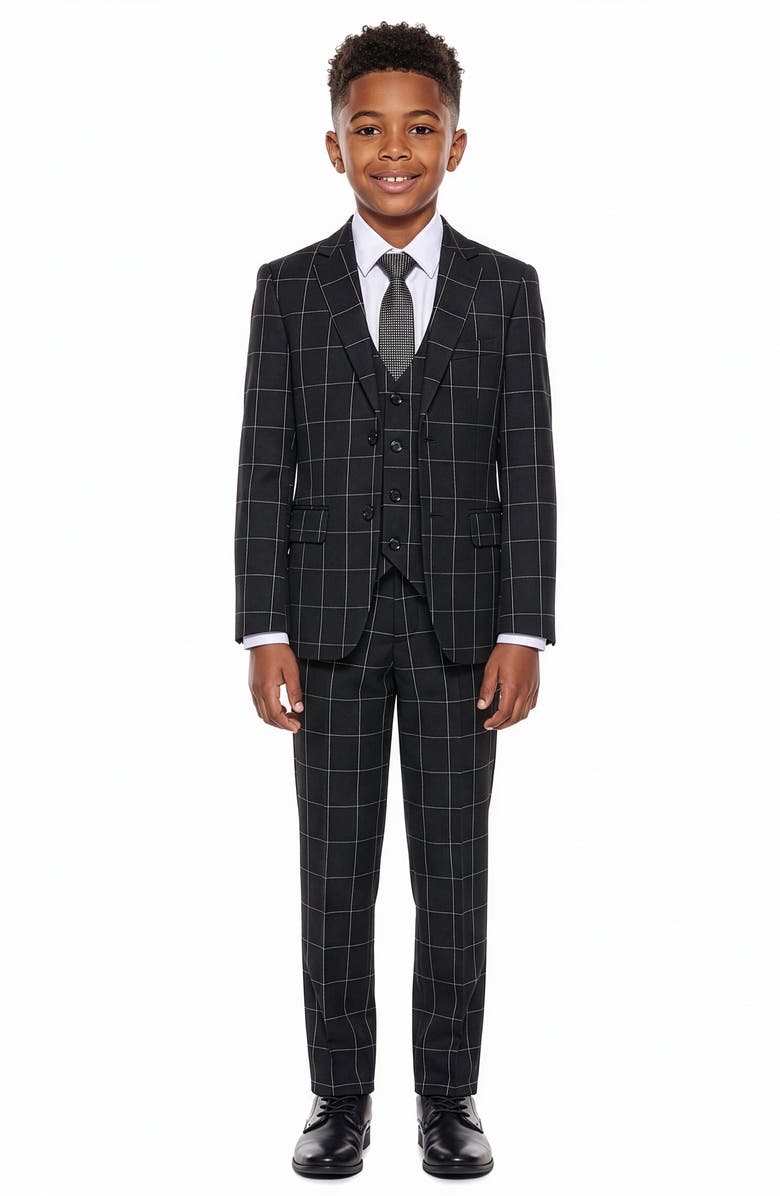 Perry Ellis Kids' Windowpane Five-Piece Suit, Main, color, Black