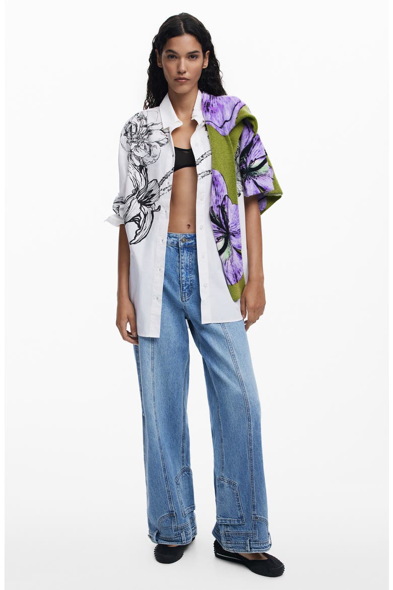 Placed Floral Cotton Button-Up Shirt, Alternate, color, WHITE